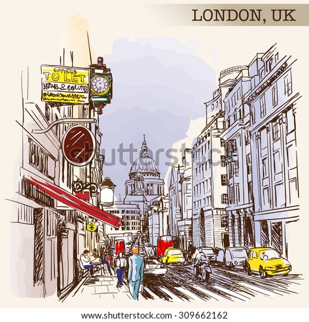 Panorama of busy Fleet street dominated by st. Paul's Cathedral. London, UK. Painted sketch imitating ink pen drawing above blurry watercolor. EPS10 vector illustration.