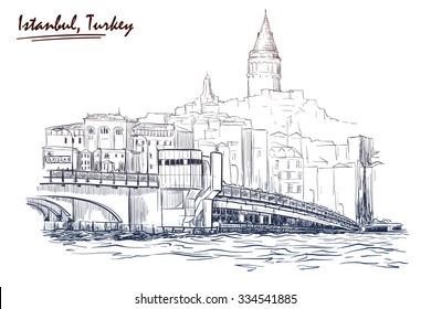 Panorama of busy Galata Bridge dominated by Galata Tower. Istanbul, Turkey. Sketch imitating ink pen drawing. EPS10 vector illustration.