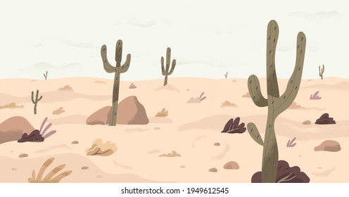 Panorama of calm plain desert land with cactuses on dry sand. Panoramic view of south nature landscape with southern plants in drought weather. Flat vector illustration of wilderness scenery