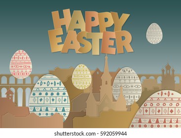 Panorama of cardboard old city and huge painted flying eggs. Cut out inscription "Happy Easter." Concept for greeting card, web template, poster, background.