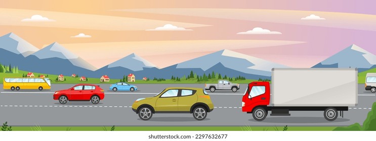 Panorama con el concepto de autos. Autopista, vehículo en carretera contra el telón de fondo de pueblo o pequeño pueblo. Sedan y camiones, viajes y transporte de carga. Dibujo vectorial plano de dibujos animados