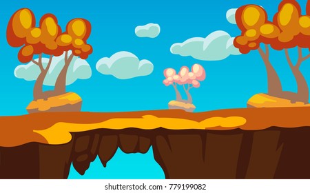 Panorama cartoon autumn forest background. 2d back game. trees with yellow leaves. Vector illustration