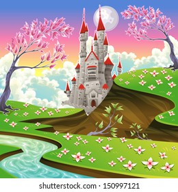 Panorama con castillo. Dibujo gráfico y vector.