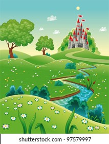 Panorama with castle. Cartoon and vector illustration.