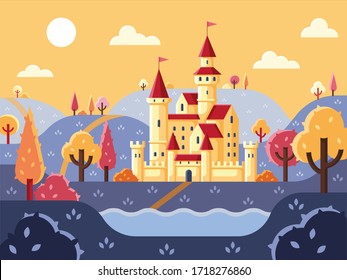 Panorama with castle. Fairytale landscape with castle. Fantastic magic castle or fairy house kingdom Fantasy palace tower, fantastic fairy house or magic castles kingdom.  Vector illustration