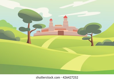 Panorama with castle. Castle landscape cartoon and vector illustration.
