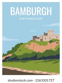 Panorama Castle on hill in Bamburgh, Northumberland.
vector illustration landscape with colored style suitable for poster, postcard, card, print. svg