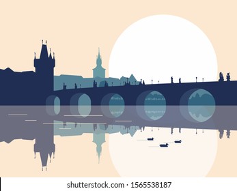 Panorama of Charles bridge in Prague. Blue monochromatic silhouette. Vector illustration.