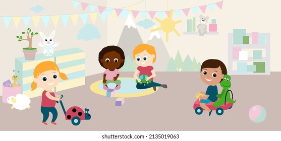 Panorama of children of diverse ethnic groups are playing in a kindergarten. Girls and boys are smiling, they are happy. The room is decorated with flags, toys, stickers on the wall. 