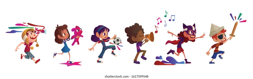 Panorama of children playing with toys, musical instruments and costumes. Cartoon character, vector illustration, white background.