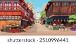 Panorama chinese street with old houses, chinese arch, lanterns and a garland. Vector illustration of city street in cartoon style.