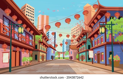 Panorama chinese street with old houses, chinese arch, lanterns and a garland. Vector illustration of city street in cartoon style. - Shutterstock ID 2043872642