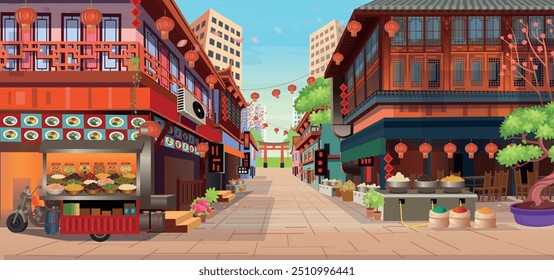 Panorama de la calle china con casas antiguas, arco chino, faroles y una guirnalda. Ilustración vectorial de la calle de la ciudad en estilo de dibujos animados.