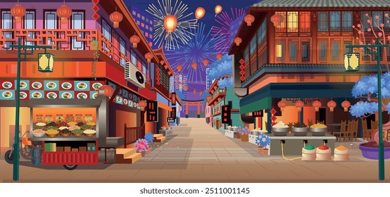 Panorama chinese street with old houses, chinese arch, lanterns and a garland at night. Vector illustration of city street in cartoon style.