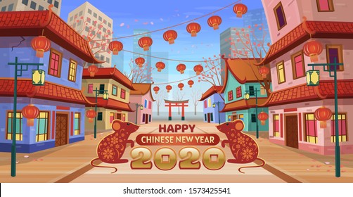 Panorama chinese street with chinese zodiac sign year of red rat,  old houses, chinese arch, lanterns and a garland. Vector illustration of city street in cartoon style. Happy Chinese New Year 2020