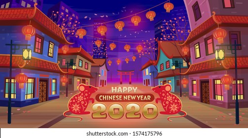 Panorama chinese street with chinese zodiac sign year of red rat,  houses, chinese arch, lanterns and a garland at night. Vector illustration of city street in cartoon style. Happy Chinese New Year.