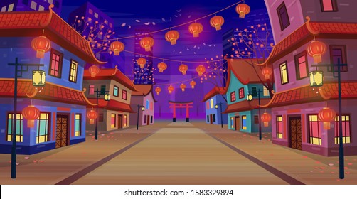 Panorama chinese street with chinese zodiac sign year of red rat,  houses, chinese arch, lanterns and a garland at night. Vector illustration of city street in cartoon style.  