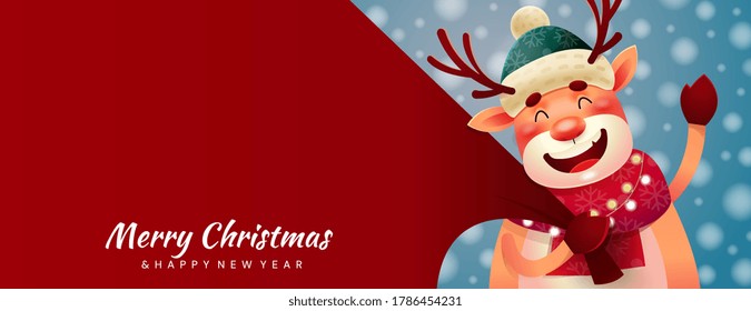 Panorama Christmas card with smiling reindeer waving at the viewer and copyspace over a red background, colored vector illustration