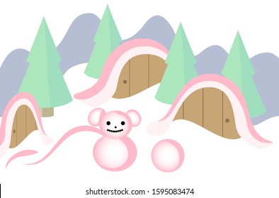 Panorama with Christmas trees, snowdrifts, rat holes and a funny snowman. New Year holiday card.EPS10 vector illustration.