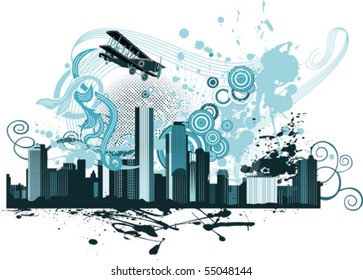 Panorama de la ciudad. Todos los elementos y texturas son objetos individuales. Escala de ilustración vectorial a cualquier tamaño.