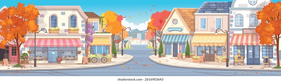 Panorama city autumn. Panorama street with houses, shops, cafes and yellow and red trees. Cozy street in flat cartoon style.