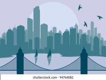 Panorama city with bridge in front of it vector background
