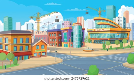 Panorama city building houses with hotel, bank, cafe, mall. Vector illustration in cartoon style.
