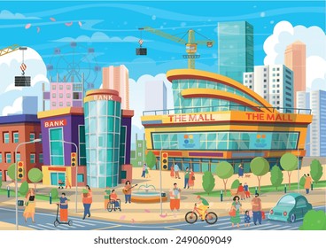 Panorama edificio de la ciudad casas con centro comercial, banco. Gran ciudad con gente y coches.  Personas para caminar, comer en un café, beber, pasear perros, andar en bicicleta, andar en moto, cantar canciones. Vector.