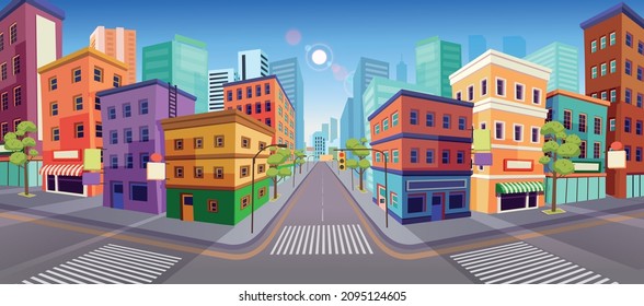 Panorama city building houses with shops: boutique, cafe, bookstore, mall crossing and traffic light .Vector illustration in cartooon style.