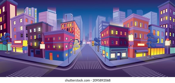 Panorama city building houses with shops at night: boutique, cafe, bookstore, mall crossing and traffic light .Vector illustration in cartooon style.