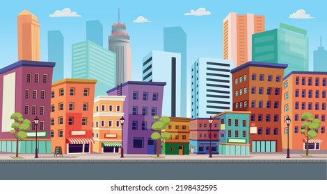 Panorama city building houses with shops and the road: boutique, cafe.Vector illustration in cartooon style.