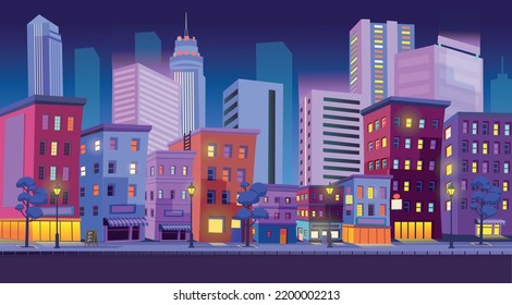 Edificio de la ciudad de Panorama con tiendas y la carretera: boutique, café por la noche. Ilustración vectorial al estilo de las caricaturas.