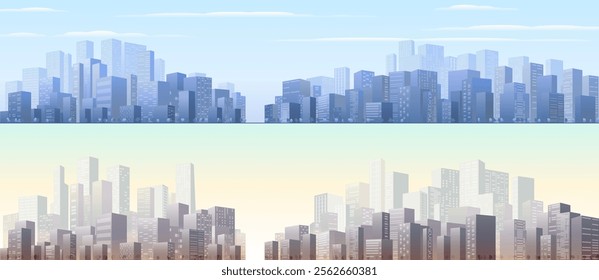 Panorama city buildings of business district. Urban Abstract horizontal banner, background cityscape. header for web. Vector illustration simple geometric