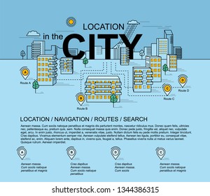 Panorama of the city, buildings, trees, clouds, geo point. Illustration of a residential quarter. City landscape in the style of linear design.