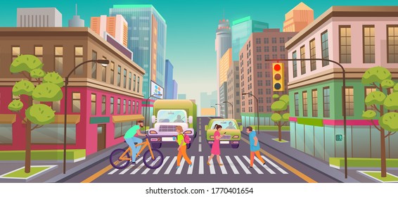 Panorama city with cars and people, shops,  building, crossing and traffic light .Vector illustration in flat style.