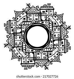 Panorama of the city circle cartoon frame isolated on a white background