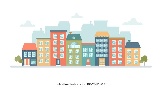 Panorama of the city with colored multi-storey houses on a white background. Vector flat illustration in cartoon style.