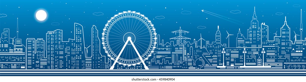 Panorama of the city. Ferris wheel, office buildings, town nightlife, neon lines, vector design art