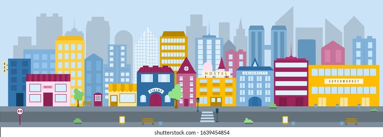 Panorama of the city with flat style vector buildings. Town buildings, skyscrapers and cityscapes in the metropolis. A multi-coloured buildings structure in a densely populated dictrict of the city.