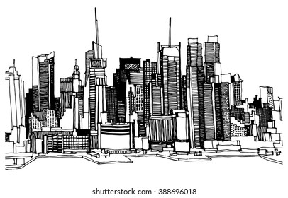 Panorama city illustration. Hand drawn ink line sketch Philadelphia, with buildings, skyscrapers, cityscape  in outline style perspective view. Postcards design.