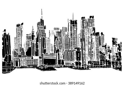 Panorama city illustration. Hand drawn ink line sketch Philadelphia, with buildings, skyscrapers, cityscape  in outline style perspective view. Postcards design.