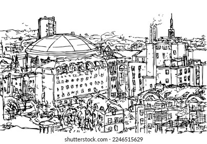 Panorama of the city of Kazan from Gabdulla Tukai Square to the Sports complex Basket Hall, Millennium Park and Lake Nizhny Kaban. Ink drawing. Tatarstan,  Russia