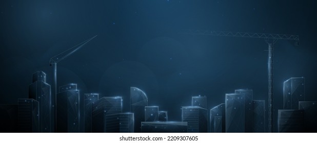 Panorama city landscape. Urban city landscape with skyscrapers made from lines, triangles, low polygon, and particle style designs. Vector illustration