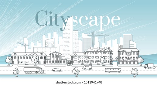 Panorama of a city line art illustration. Drawing of a Historic Center of a town. Road with bus, trucks, cars surrounded with old houses. Downtown skyscrapers on the background. Dawn or sunset.