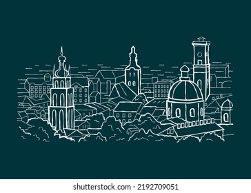 Panorama of the city of Lviv, top view, hand drawn illustration.
