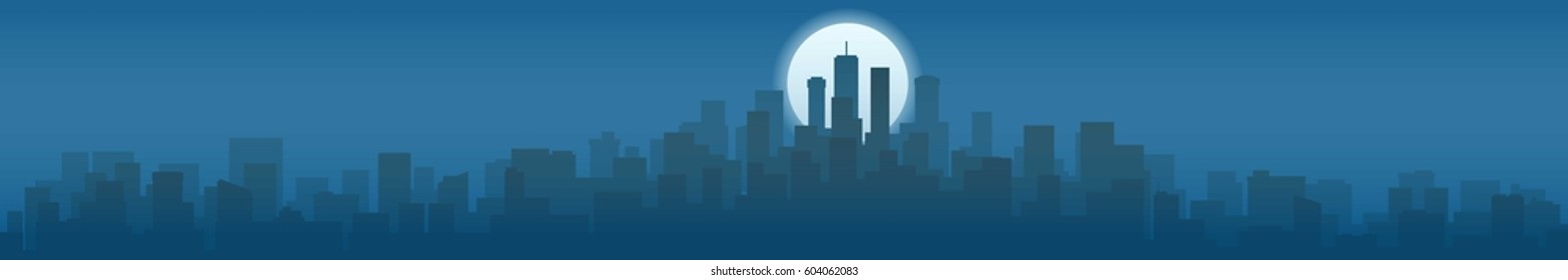 Panorama of the city. Night. A long horizontal banner. Vector illustration. Flat style design.