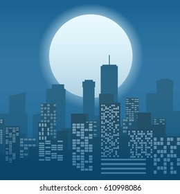 Panorama of the city. Night. Vector illustration. Flat style design.  Square banner