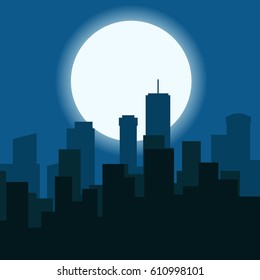 Panorama of the city. Night. Vector illustration. Flat style design.  Square banner