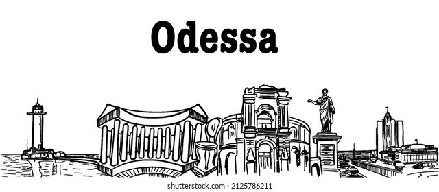 panorama of the city of Odessa, Ukraine. Opera and ballet theater, colonnade, sea station, lighthouse, legendary chair