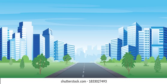 Panorama city Park landscape with urban street, houses, and office buildings. scenery vector illustration